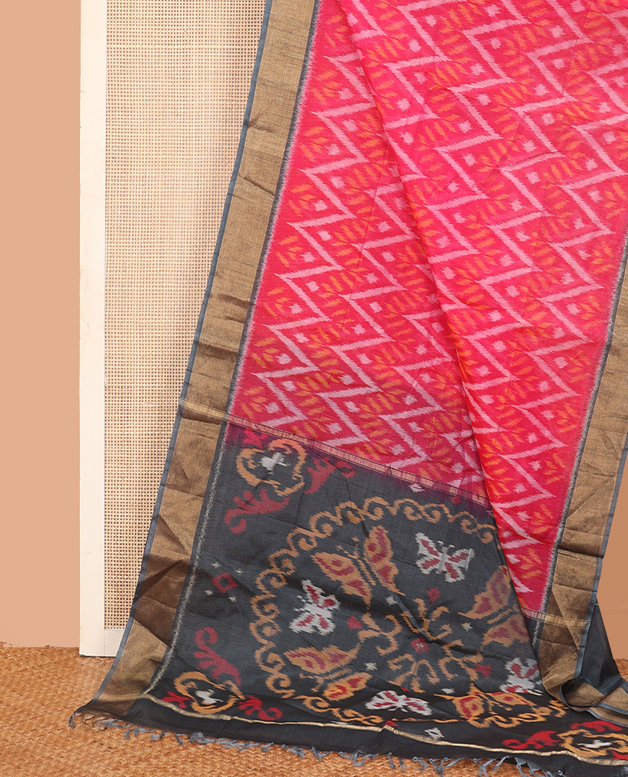 Pink Pochampally Ikkat-style chevron design silk cotton saree, contrast bavanji zari border, and ikkat design pallu