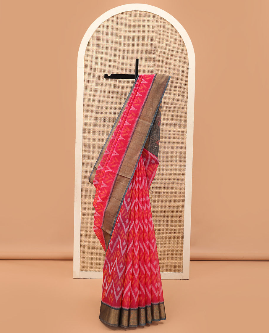 Pink Pochampally Ikkat-style chevron design silk cotton saree, contrast bavanji zari border, and ikkat design pallu