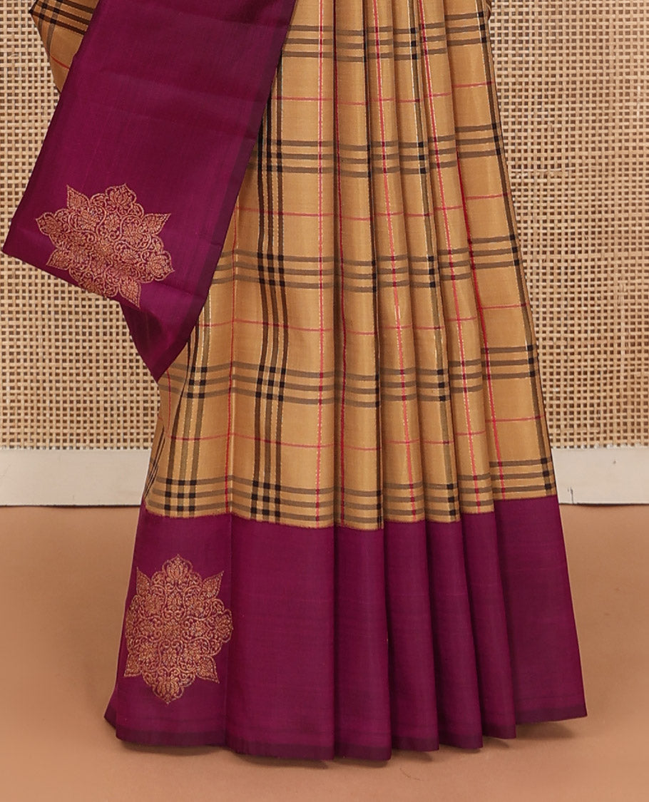 Dark sandal burberry-style checked Kanchipuram silk saree, contrast kolam motifs, zari border, and zari design pallu
