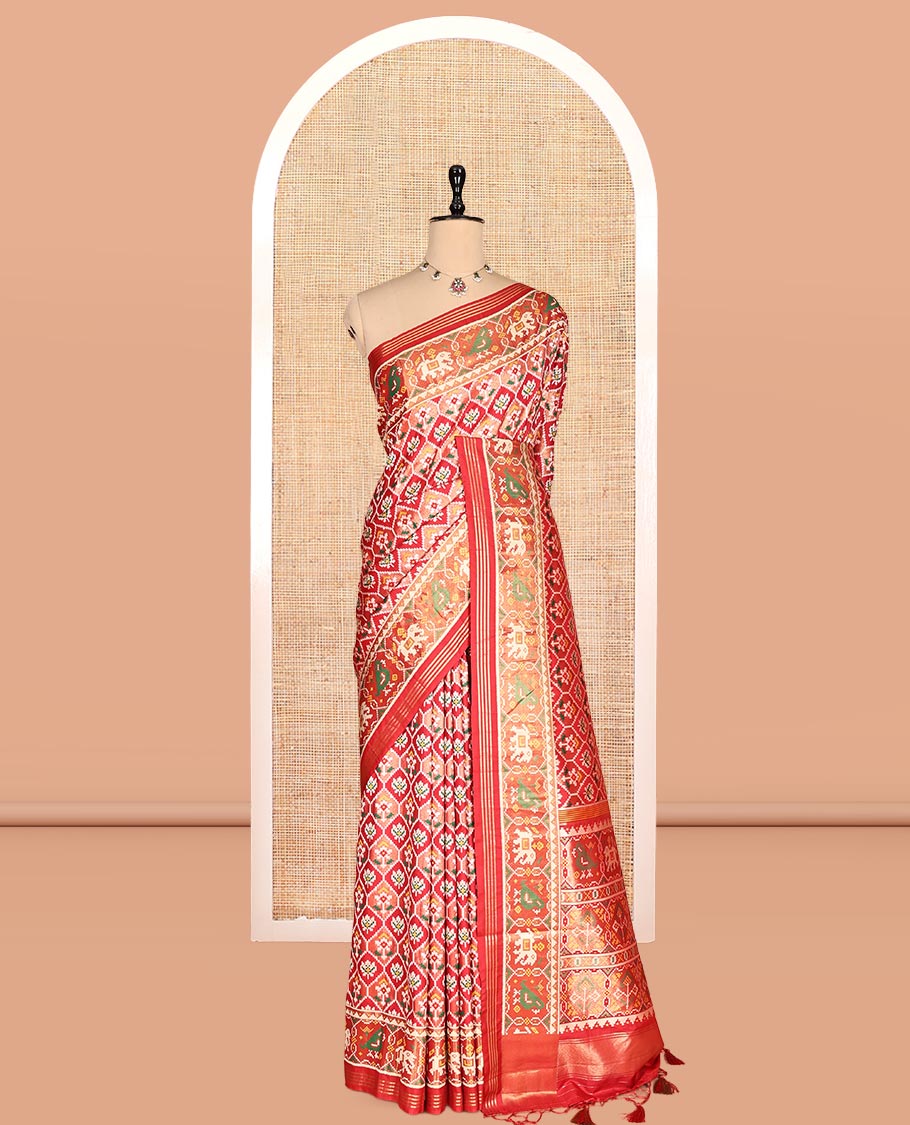 Red Intricate Motif Semi-Patan Patola Saree, Patola Tissue Border, and a Matching Blouse