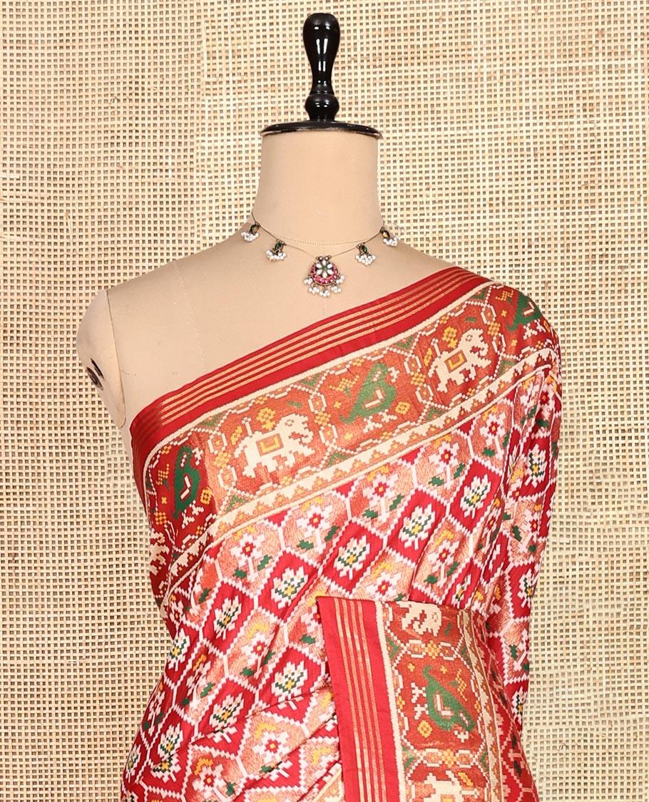 Red Intricate Motif Semi-Patan Patola Saree, Patola Tissue Border, and a Matching Blouse