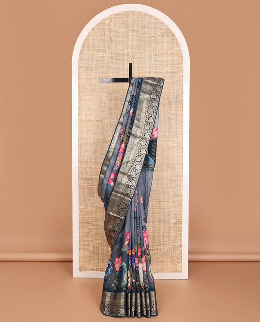Blue floral & pichwai cow printed with embroidered dola silk saree, contrast traditional zari design border & zari striped pallu