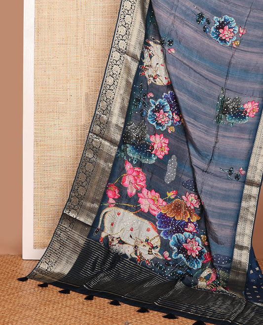 Blue floral & pichwai cow printed with embroidered dola silk saree, contrast traditional zari design border & zari striped pallu