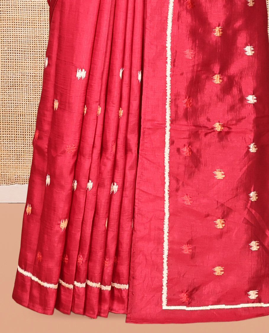 Maroon Matka Silk Saree Features Thread Buttas, a Self-Border, Pichwai Cow Pallu, Matching Blouse