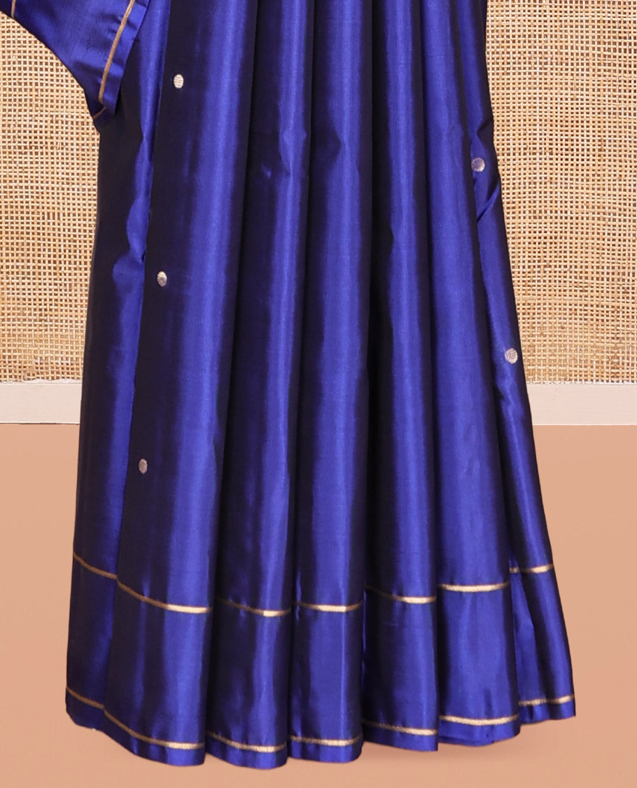 Navy Blue Vasundhara Lite Silk Saree, Subtly Sparkled with Paisa Zari Buttas Across Its Body, Highlighted Zari Border of Horizontal Stripes, Gleaming Pallu of Seppu Rekku Designs, and Paired with a Matching Blouse