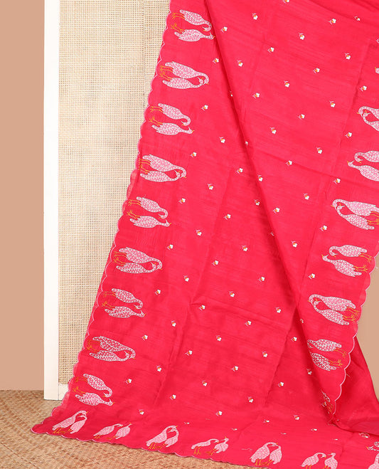 Pink cotton flower-style motifs embroidered saree, scallop border of bird motifs patch embroidery, and embroidered pallu