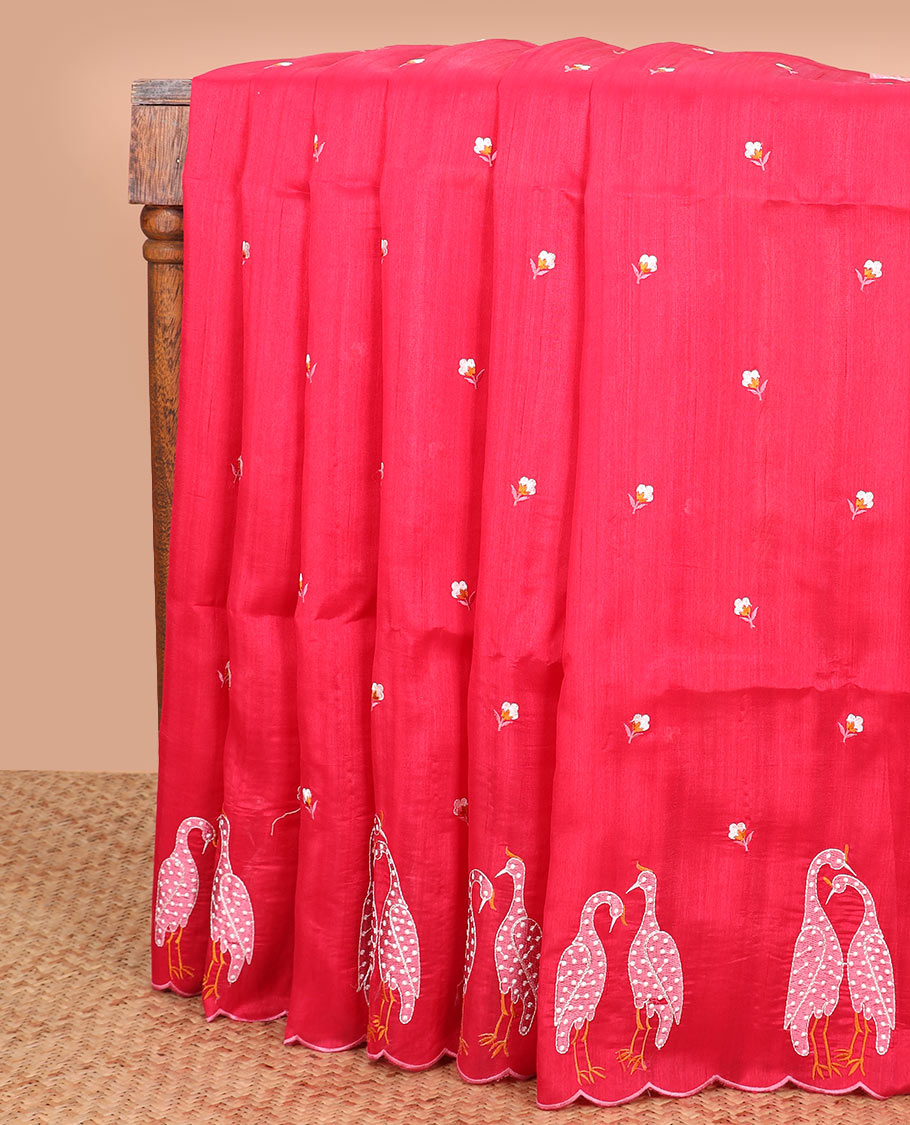 Pink cotton flower-style motifs embroidered saree, scallop border of bird motifs patch embroidery, and embroidered pallu