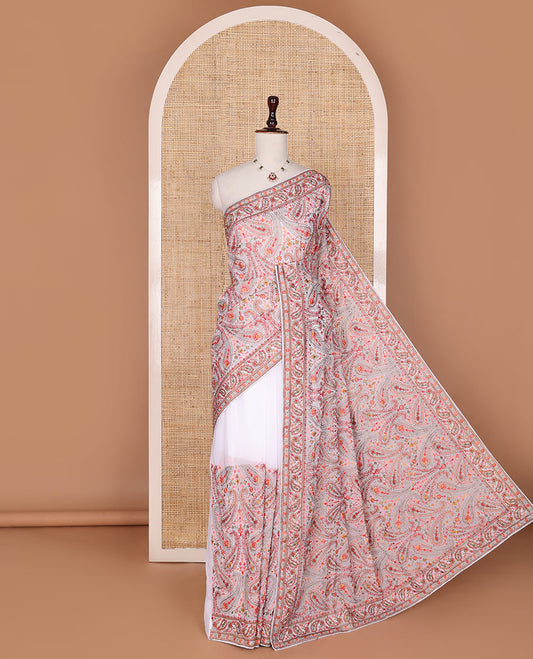 Elegant white floral and paisley vine multi-hue thread embroidered designer saree, thread embroidered border