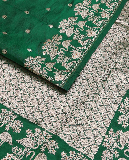 Green floral buttas raw mango silk saree, floral, and flamingos zari border, and jaal pallu