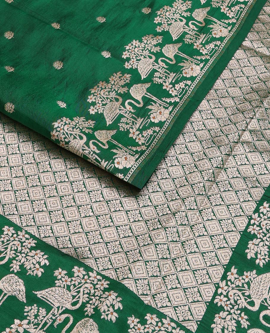 Green floral buttas raw mango silk saree, floral, and flamingos zari border, and jaal pallu