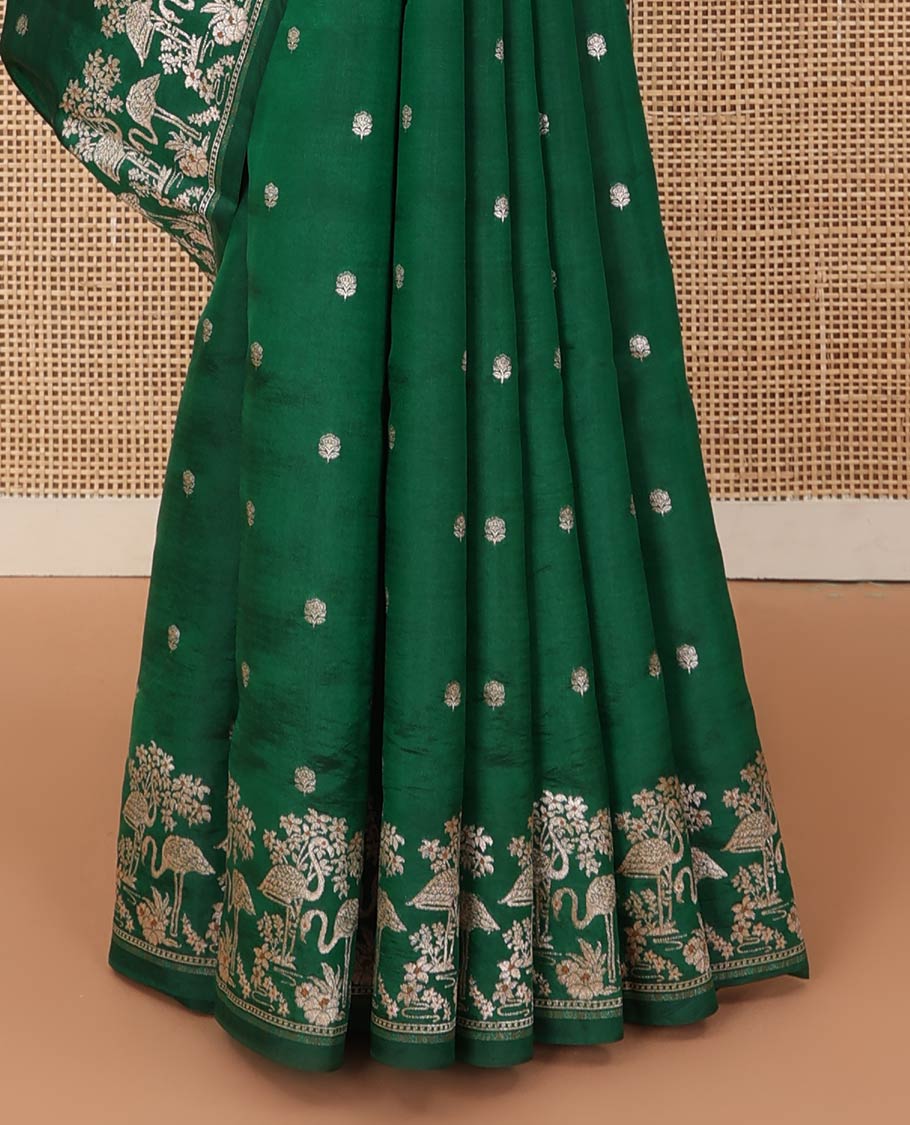 Green floral buttas raw mango silk saree, floral, and flamingos zari border, and jaal pallu