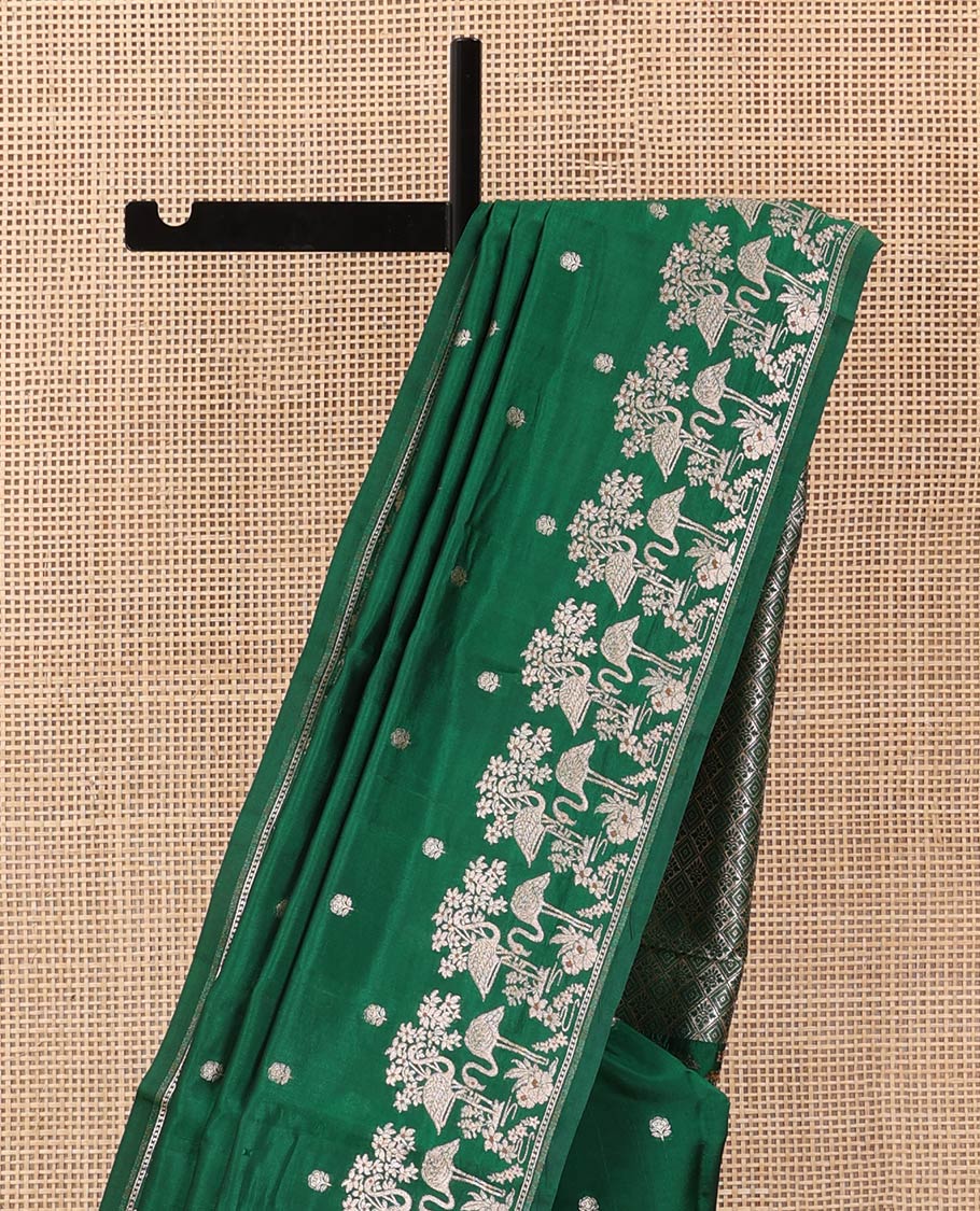 Green floral buttas raw mango silk saree, floral, and flamingos zari border, and jaal pallu