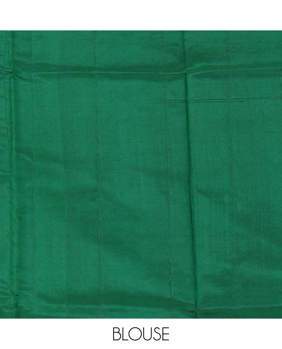 Green floral buttas raw mango silk saree, floral, and flamingos zari border, and jaal pallu