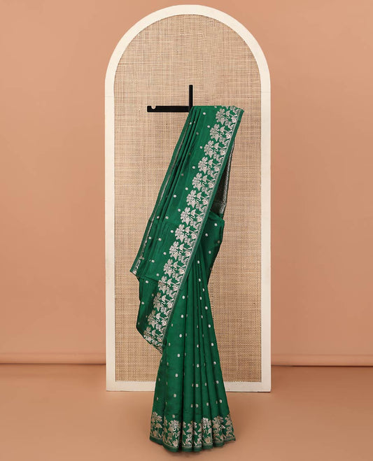 Green floral buttas raw mango silk saree, floral, and flamingos zari border, and jaal pallu