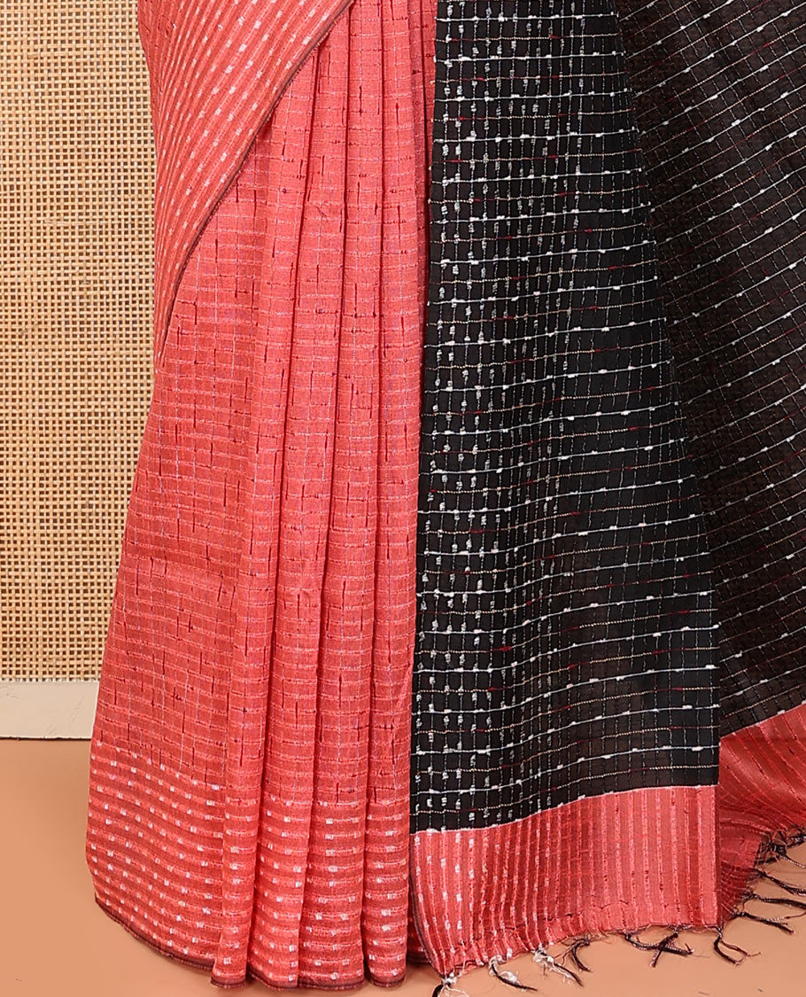 Peach buttas and checks dupion saree, dobbly-style buttas border, and contrast pallu of thread stripes
