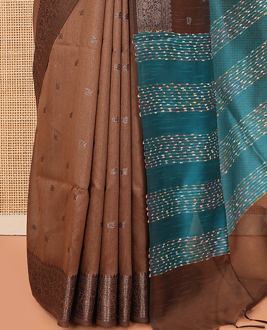Brown zari buttas art dupion saree, floral creeper zari border, and contrast thread striped pallu