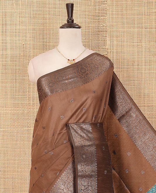 Brown zari buttas art dupion saree, floral creeper zari border, and contrast thread striped pallu