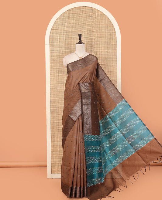 Brown zari buttas art dupion saree, floral creeper zari border, and contrast thread striped pallu