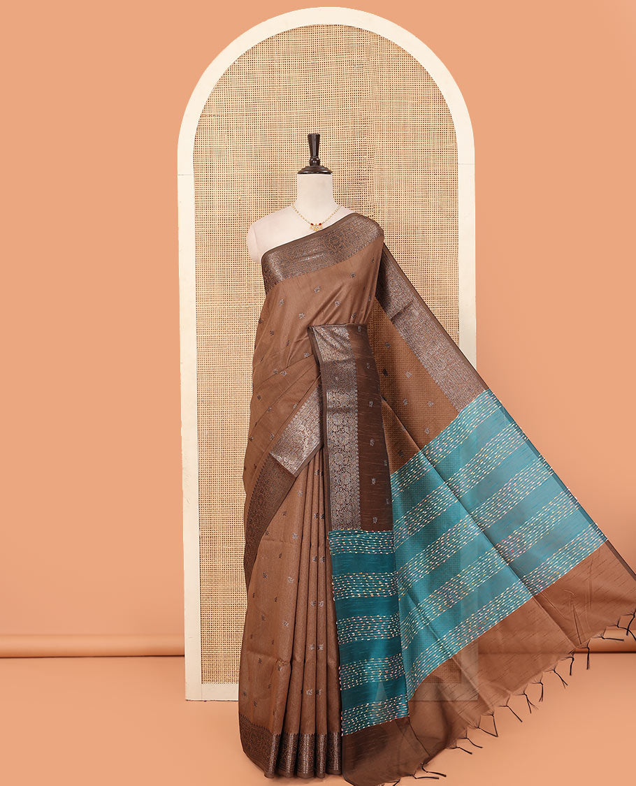 Brown zari buttas art dupion saree, floral creeper zari border, and contrast thread striped pallu