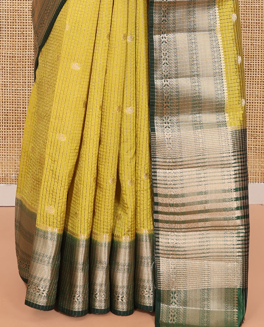 Green Semi-Banarasi Dupion Saree, Subtly Sparkled with Checks and Zari Buttas, a Contrast Traditional Zari Border, Striped Pallu, and a Contrast Blouse