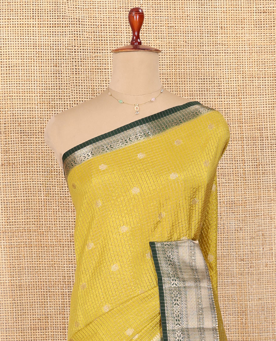 Green Semi-Banarasi Dupion Saree, Subtly Sparkled with Checks and Zari Buttas, a Contrast Traditional Zari Border, Striped Pallu, and a Contrast Blouse