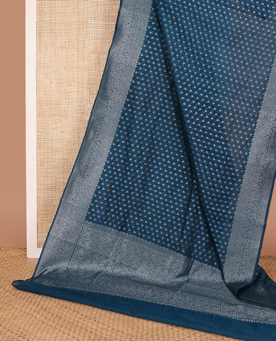 Blue zari buttas fancy saree, zari floral creeper border, and floral jaal pallu