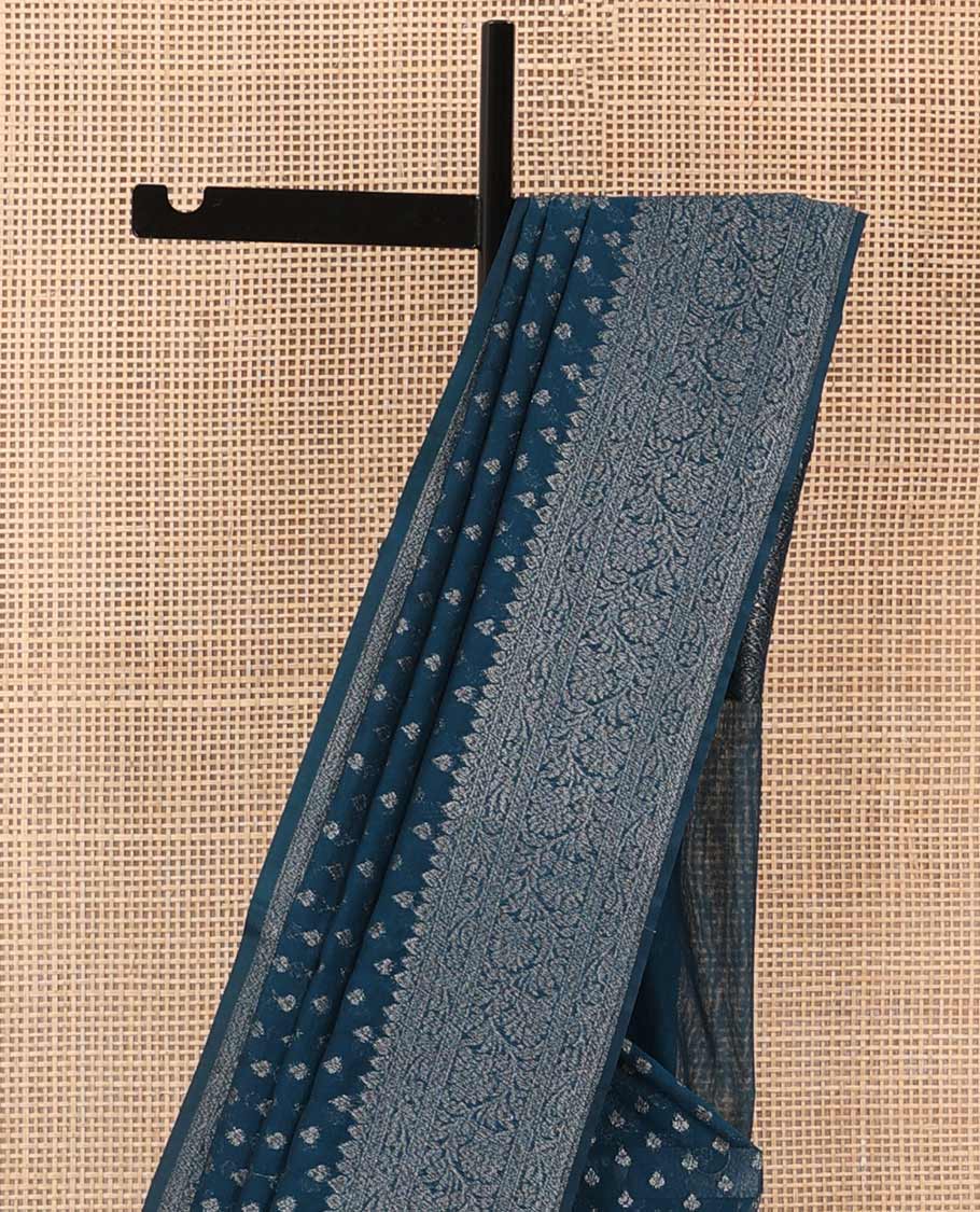 Blue zari buttas fancy saree, zari floral creeper border, and floral jaal pallu