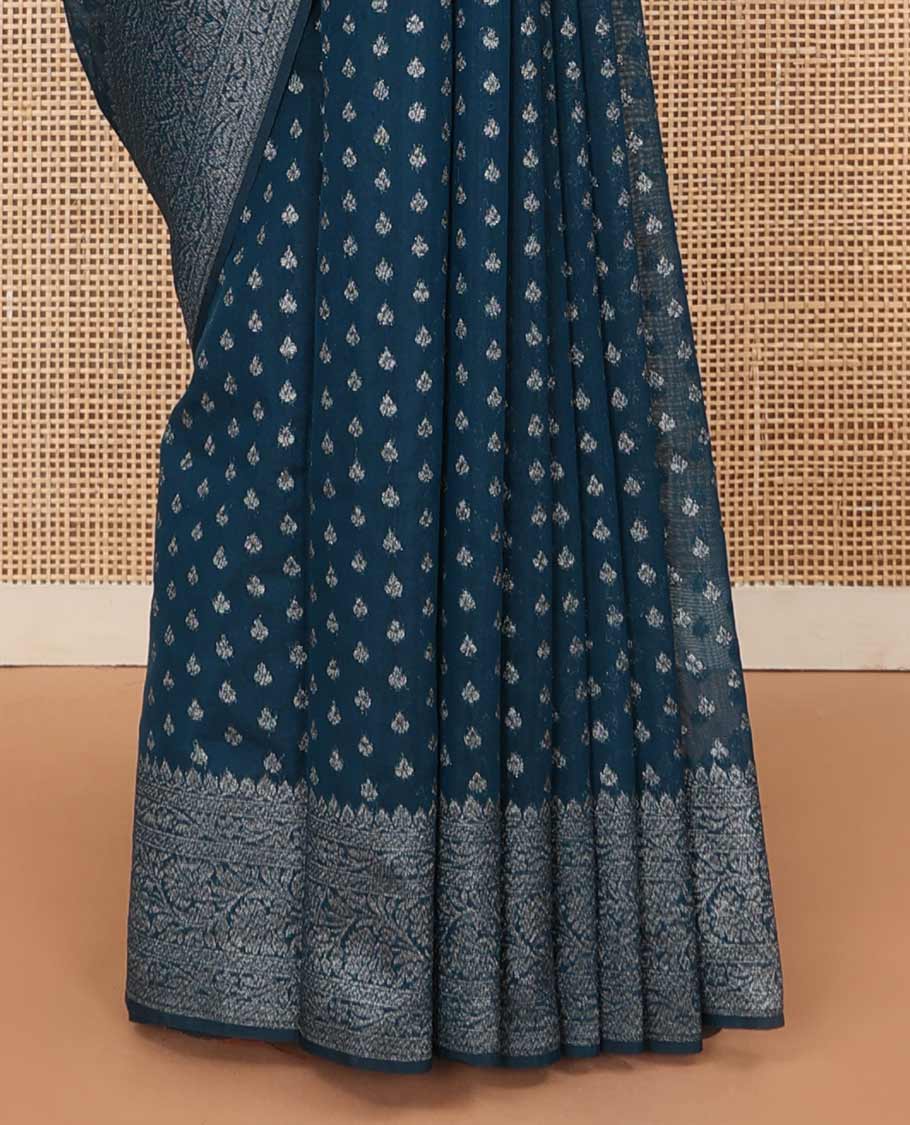 Blue zari buttas fancy saree, zari floral creeper border, and floral jaal pallu