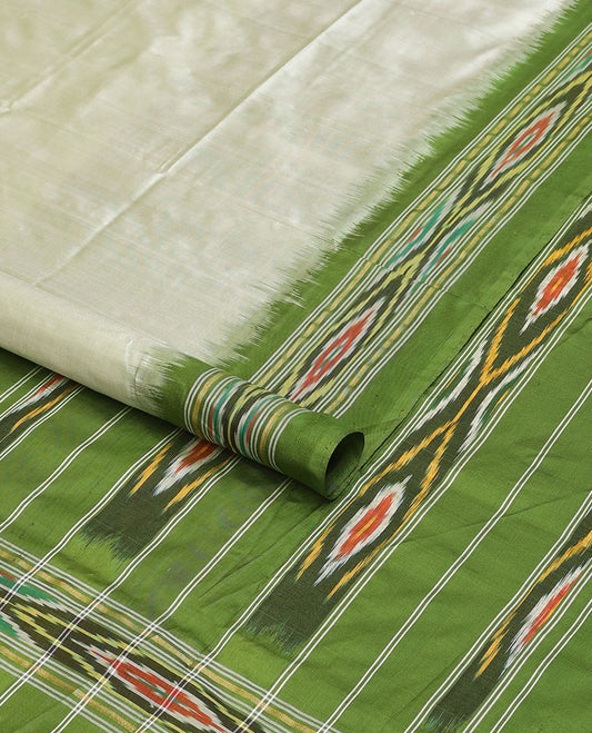 Green plain design ikkat saree, contrast ikkat border & pallu of stripes & ikkat designs