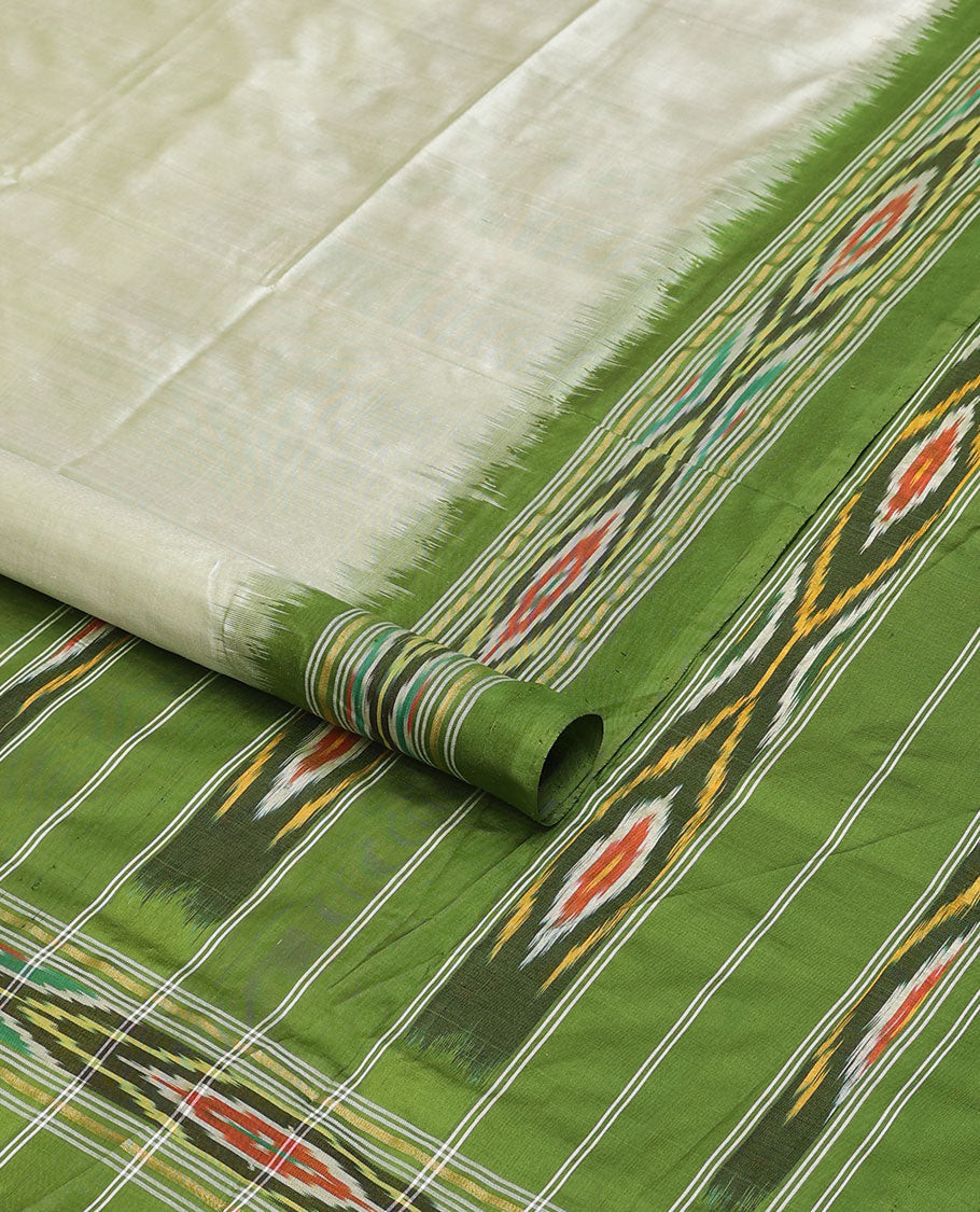Green plain design ikkat saree, contrast ikkat border & pallu of stripes & ikkat designs