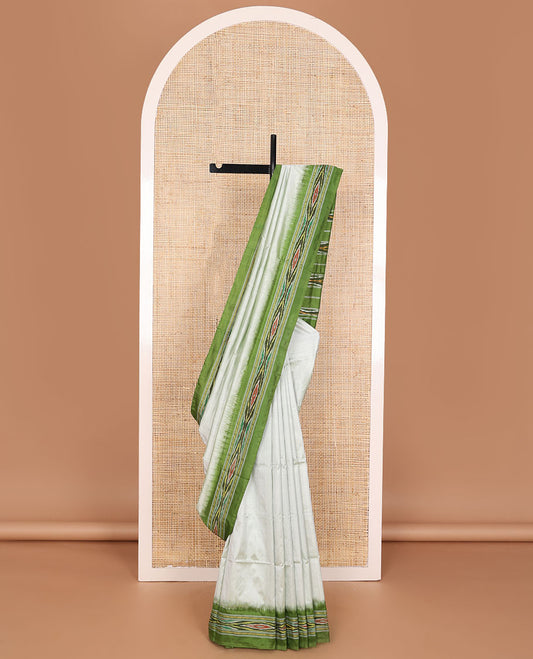 Green plain design ikkat saree, contrast ikkat border & pallu of stripes & ikkat designs