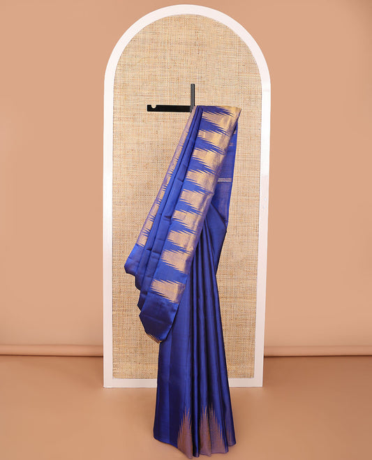 Blue kancheepuram silk saree with self temple border & striped pallu