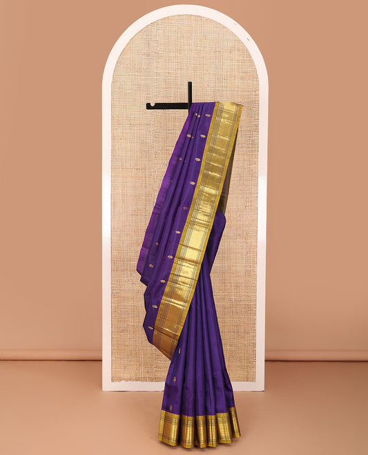 Blue zari buttas Kanchipuram silk saree, contrast one-sided border of panner sombu,banaras,muthu & mayil kann & zari design pallu