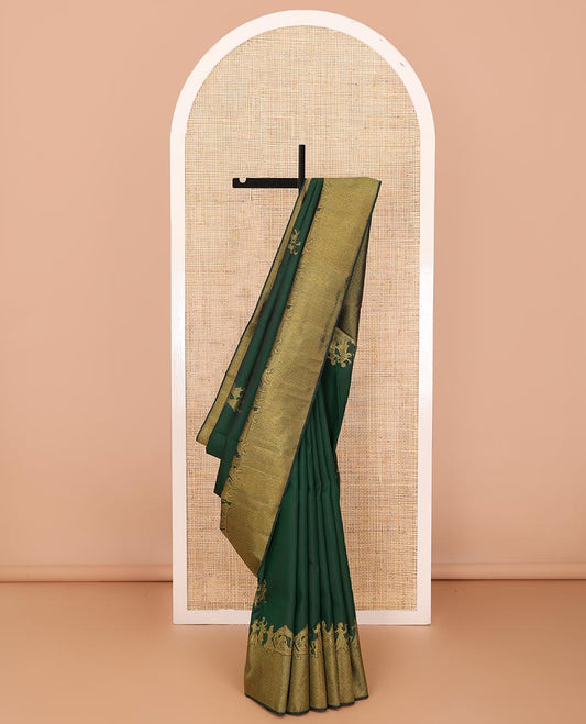 Emerald green human motifs zari woven Kanchipuram silk saree, suyamvaram motifs woven mayil kann border & pallu of mayil kann designs