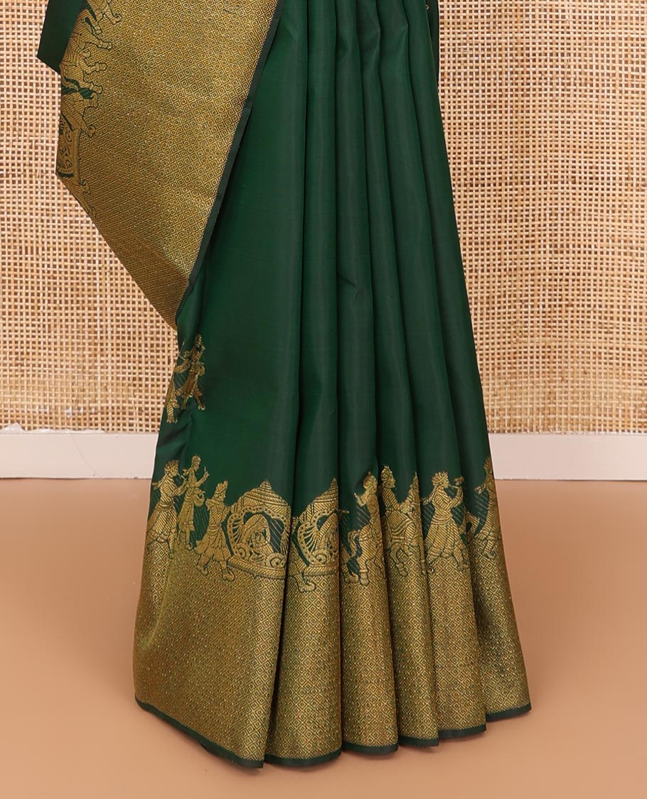 Emerald green human motifs zari woven Kanchipuram silk saree, suyamvaram motifs woven mayil kann border & pallu of mayil kann designs