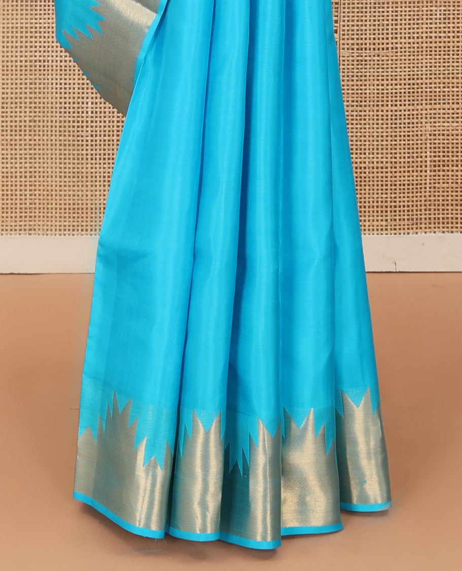 Sky blue plain Kanchipuram silk saree, thazampoo rekku zari border, and pallu of mayil kann