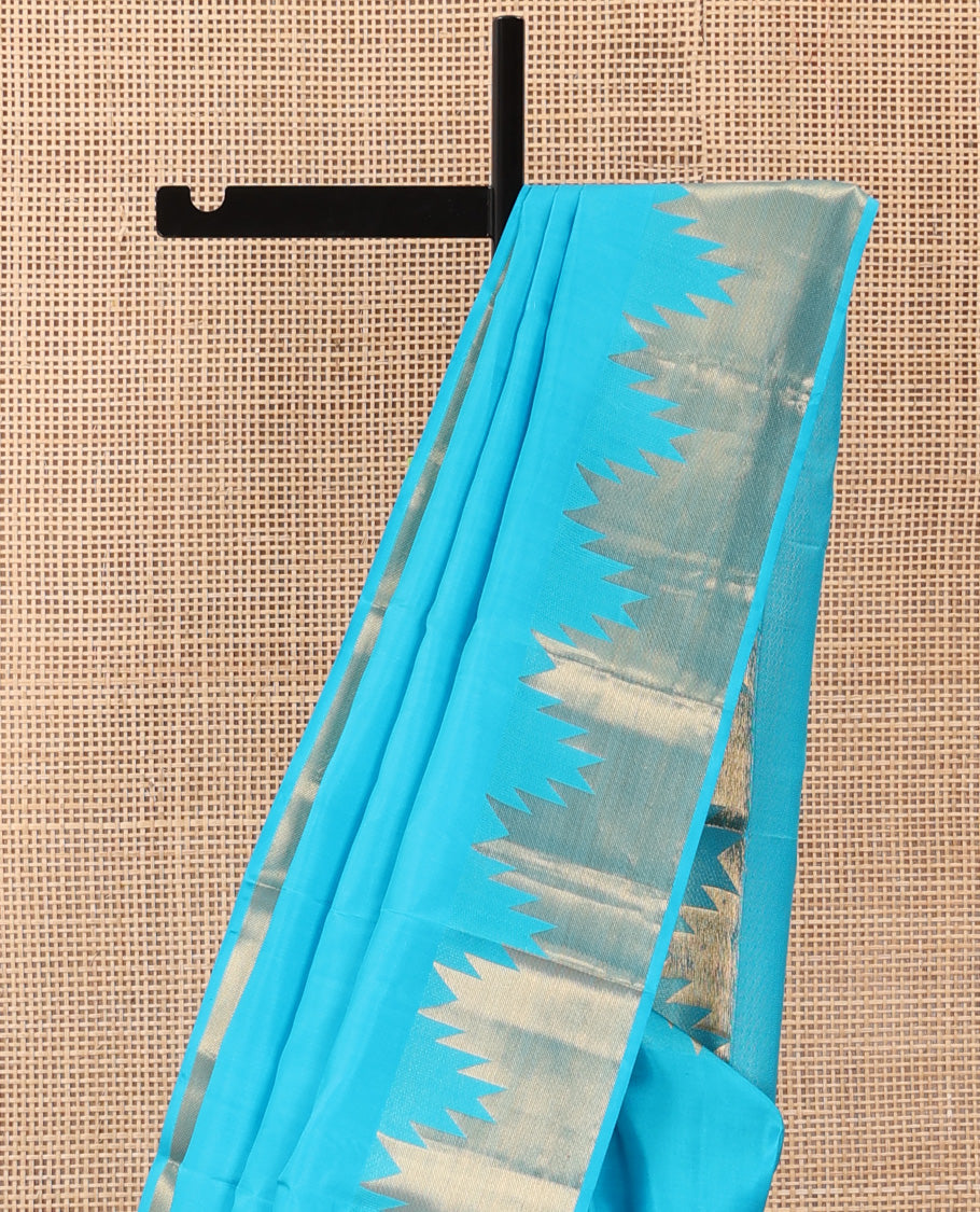 Sky blue plain Kanchipuram silk saree, thazampoo rekku zari border, and pallu of mayil kann