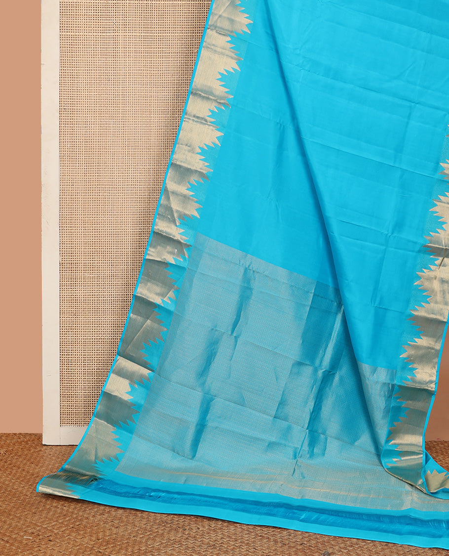 Sky blue plain Kanchipuram silk saree, thazampoo rekku zari border, and pallu of mayil kann