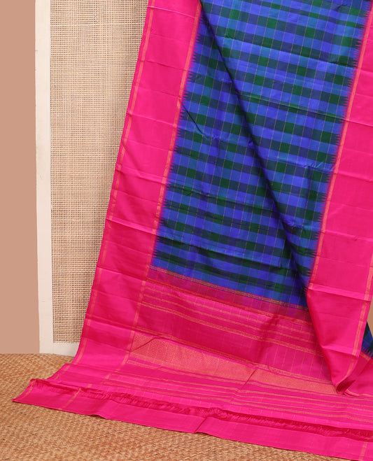 Multi-color checked Kanchipuram silk saree, contrast rettai pettu thazampoo rekku border and zari design pallu