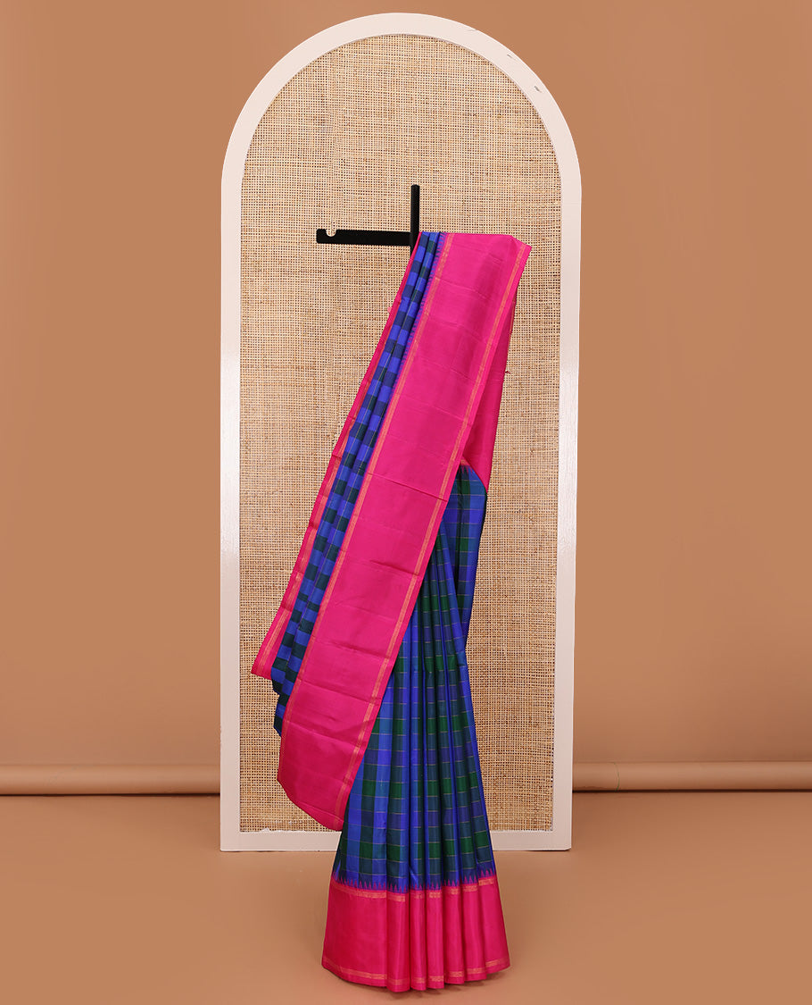 Multi-color checked Kanchipuram silk saree, contrast rettai pettu thazampoo rekku border and zari design pallu