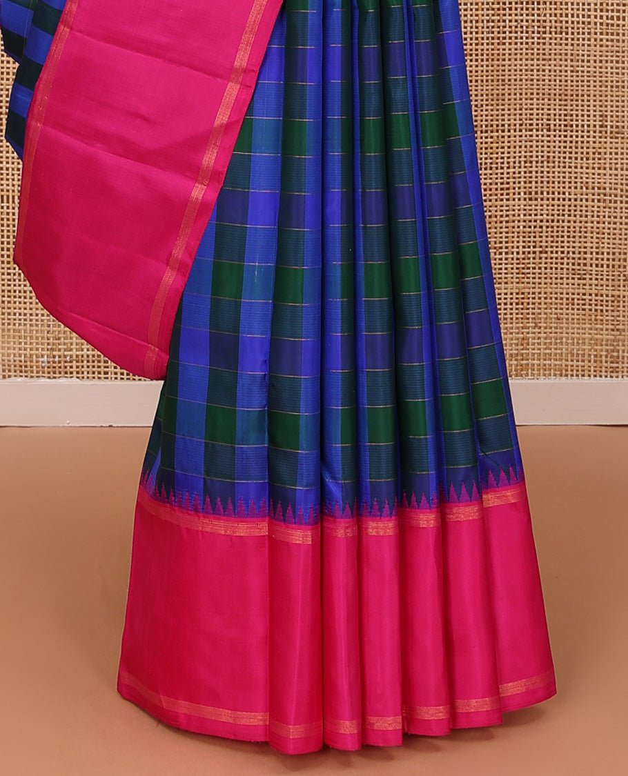Multi-color checked Kanchipuram silk saree, contrast rettai pettu thazampoo rekku border and zari design pallu