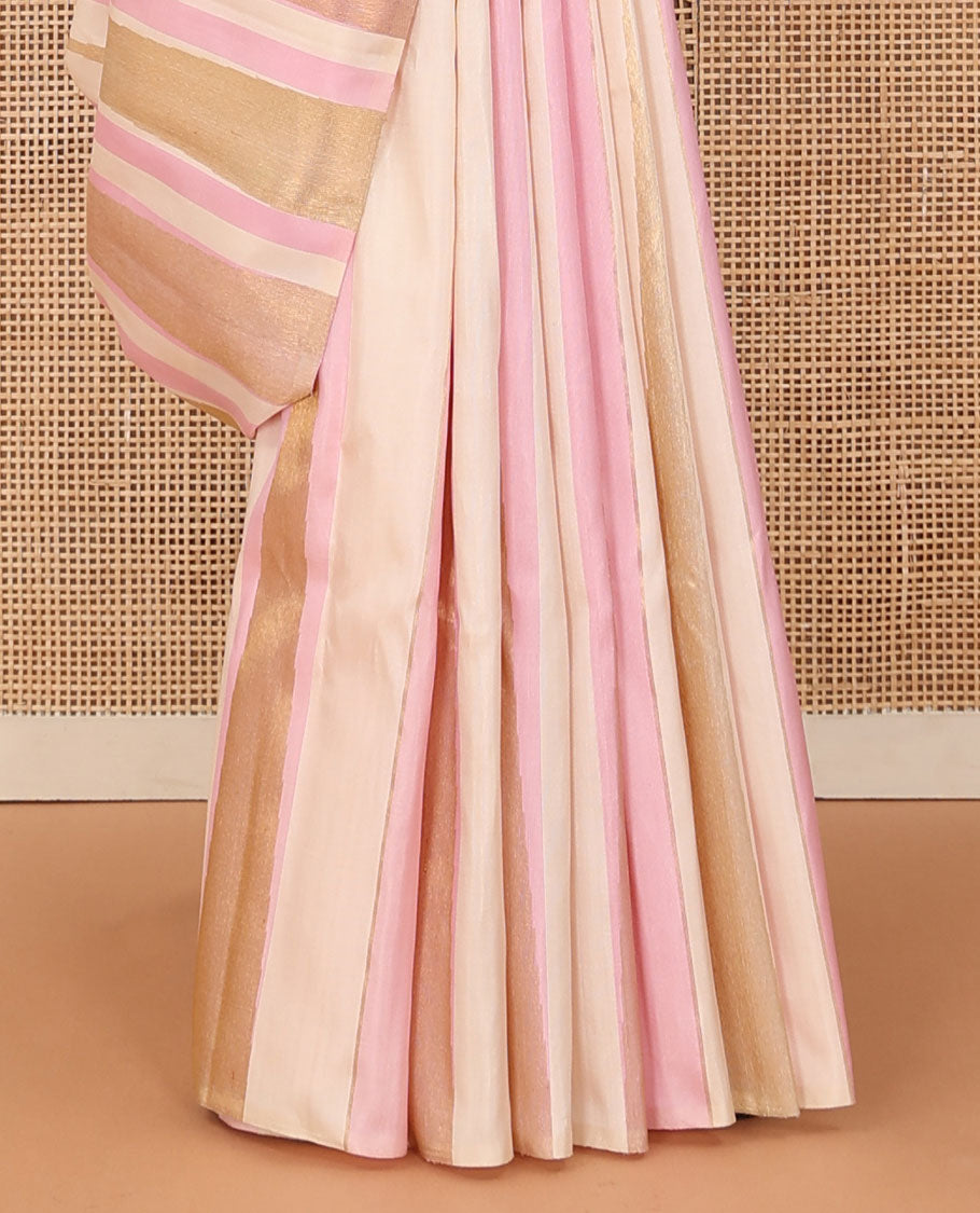 Borderless multi-color thazampoo rekku zari woven Kanchipuram silk saree, zari-rich pallu of seppu rekku designs