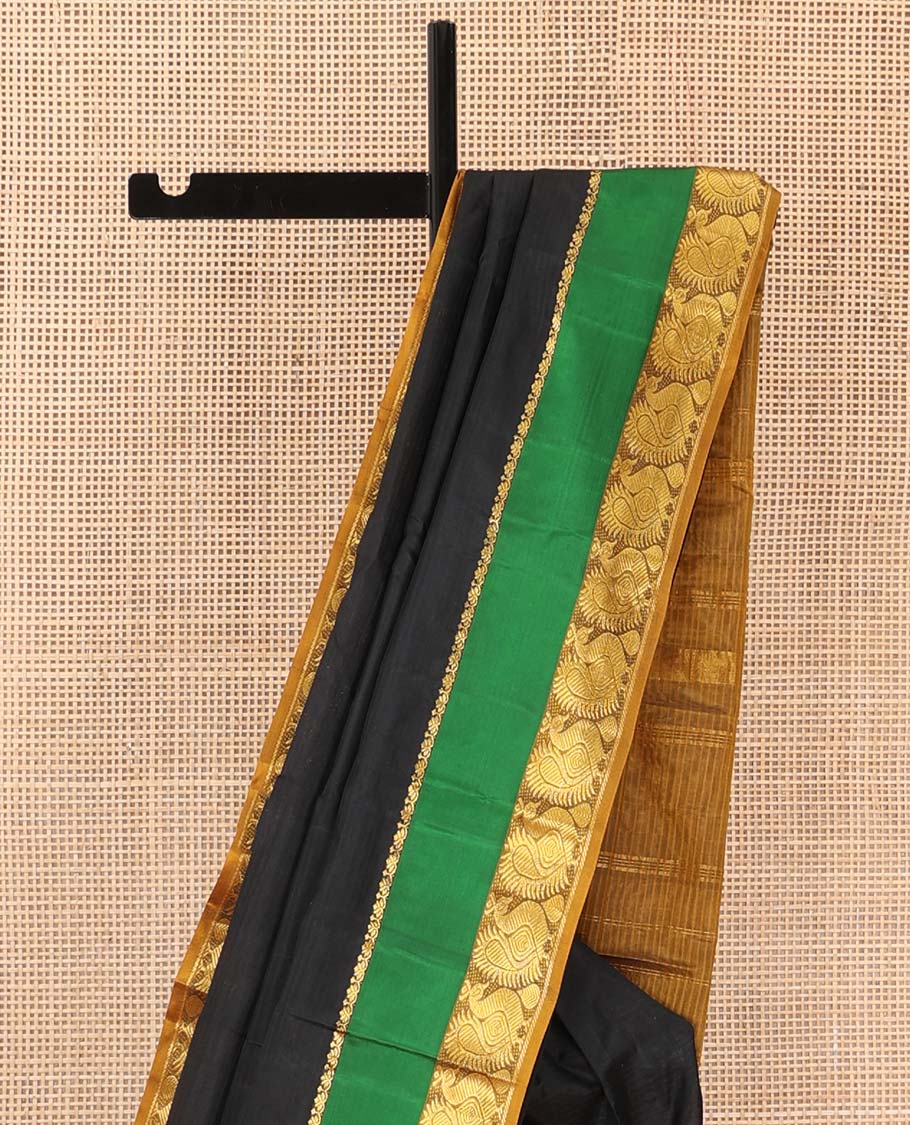 Black striped Kanchipuram silk saree, contrast rettai pettu border of salngai, and mayil designs, and pallu of stripes, and thazampoo rekku designs