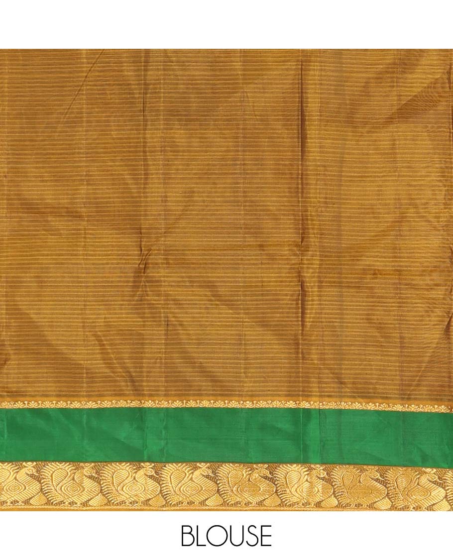 Black striped Kanchipuram silk saree, contrast rettai pettu border of salngai, and mayil designs, and pallu of stripes, and thazampoo rekku designs