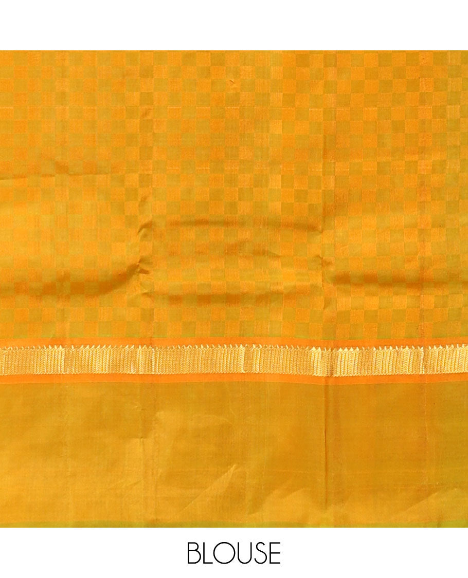 Orange payadi kattam Kanchipuram silk saree, contrast kaal erangina border of rekku, and vanki designs, and zari striped pallu