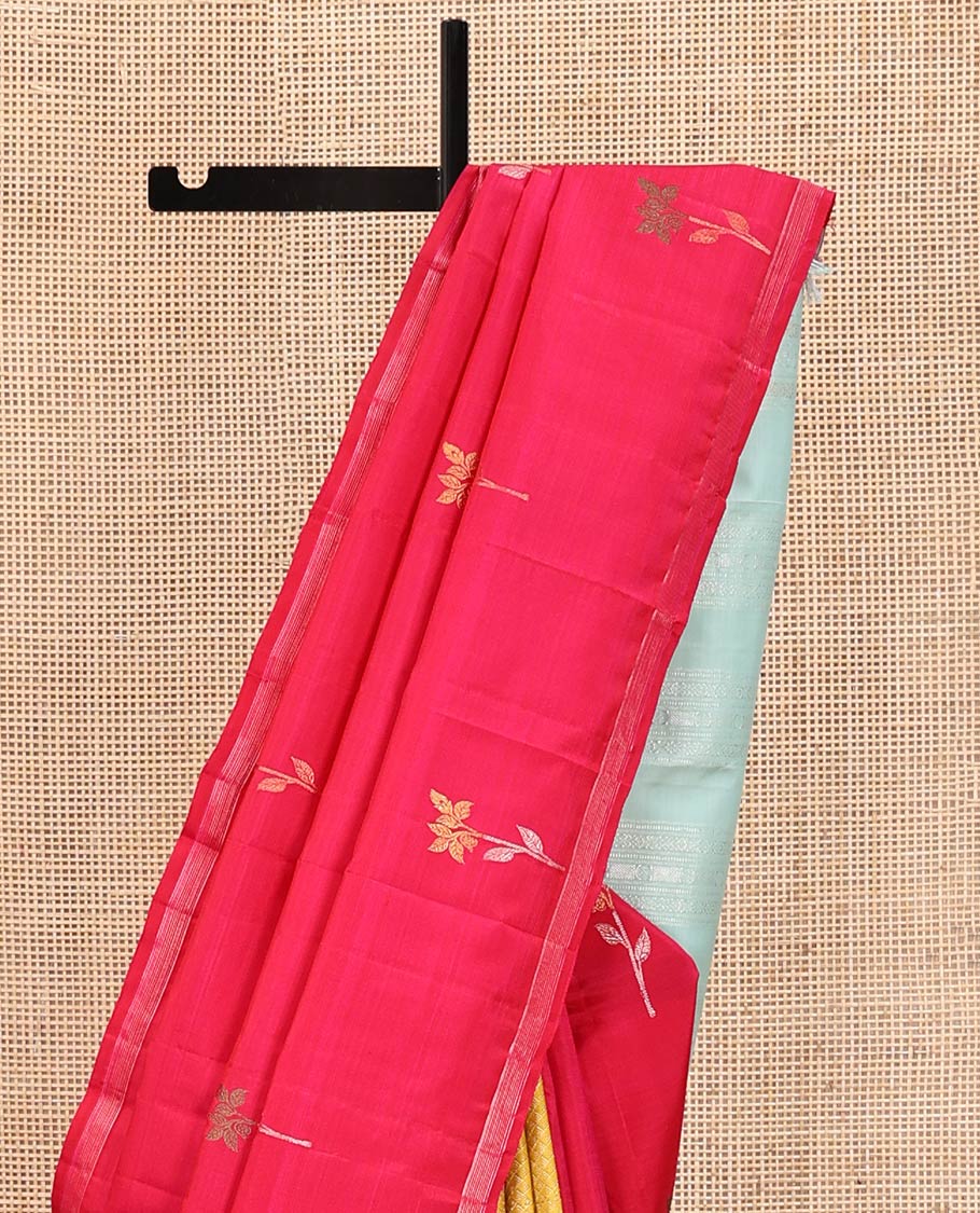 Yellow and Red Half-And-Half-Style Kanchipuram Designer Silk Saree, Subtly Enriched with Floral Buttas and  Jaal Designs All Over Its Body, Piping Border, Captivating Contrast Pallu of Traditional Designs Weave, and Is Paired with a Contrast Blouse
