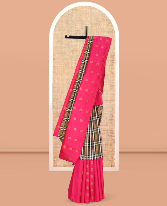Brown Kanchipuram Designer Silk Saree, Impeccably Designed with Burberry Checks, Complemented by a Contrast Zari Buttas Border, Pallu of Yaali Design, and Contrast Blouse