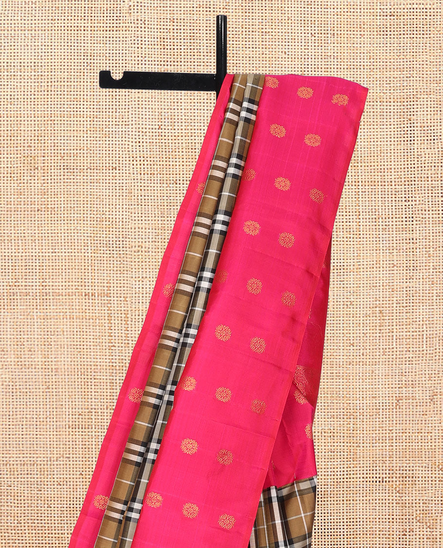 Brown Kanchipuram Designer Silk Saree, Impeccably Designed with Burberry Checks, Complemented by a Contrast Zari Buttas Border, Pallu of Yaali Design, and Contrast Blouse