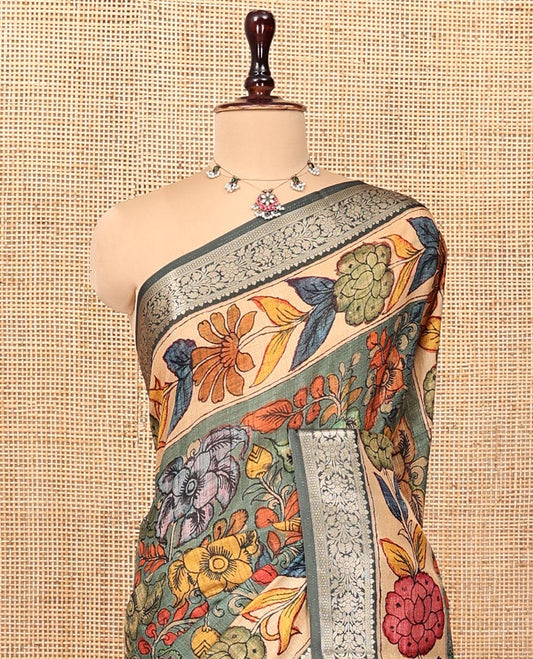 Grey Kalamkari Saree, Accentuated with Floral Vine Print, Complemented by Contrast Zari and Printed Border, Human Figurines Printed Pallu, and a Contrast Blouse