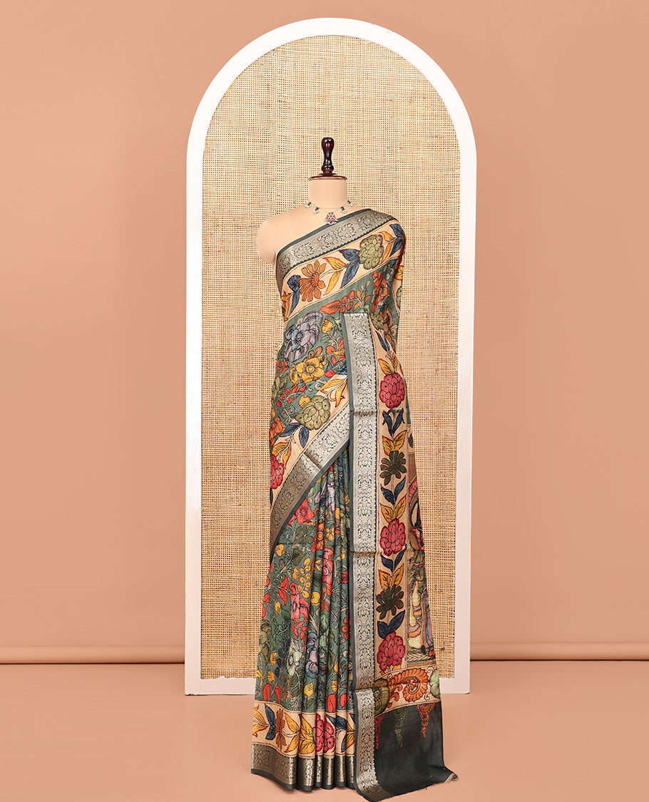 Grey Kalamkari Saree, Accentuated with Floral Vine Print, Complemented by Contrast Zari and Printed Border, Human Figurines Printed Pallu, and a Contrast Blouse